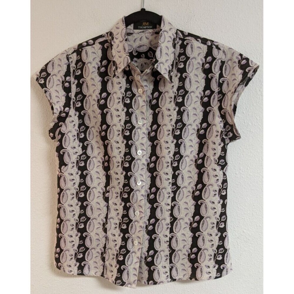 Women's Jim Thompson 100% Linen Button-Up Cap Sleeve Floral Paisley Top 8